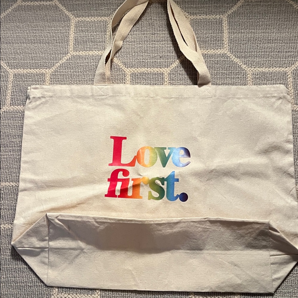 J. Crew Cream Tote with Multicolor 'Love First' Print